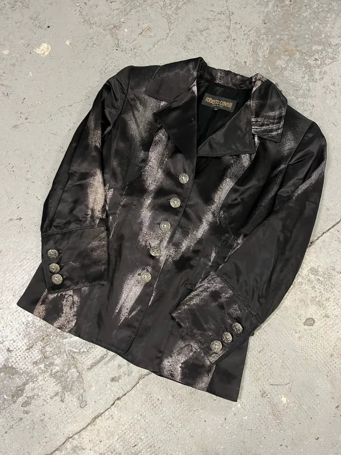 2000s Roberto Cavalli Silver Paint Black Blazer (M) SsZbrGg 4