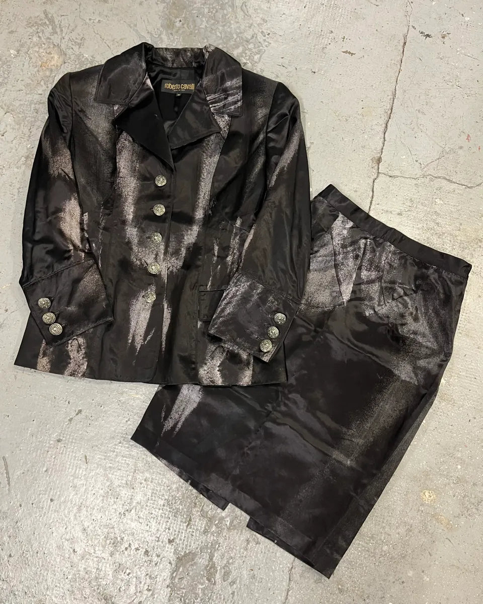 Roberto Cavalli Silver Paint Black Suit & Skirt Set fMDnJtZ 1