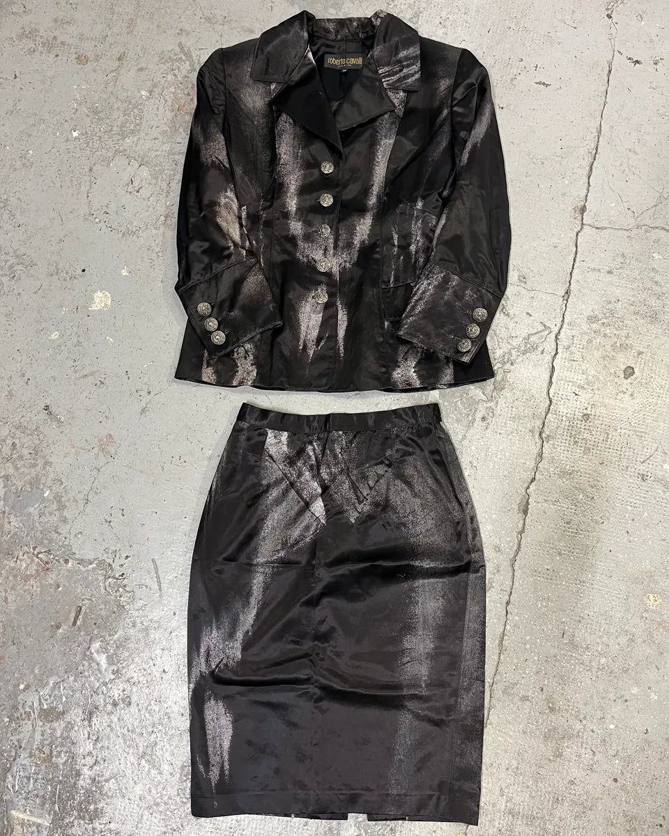 Roberto Cavalli Silver Paint Black Suit & Skirt Set fMDnJtZ 0
