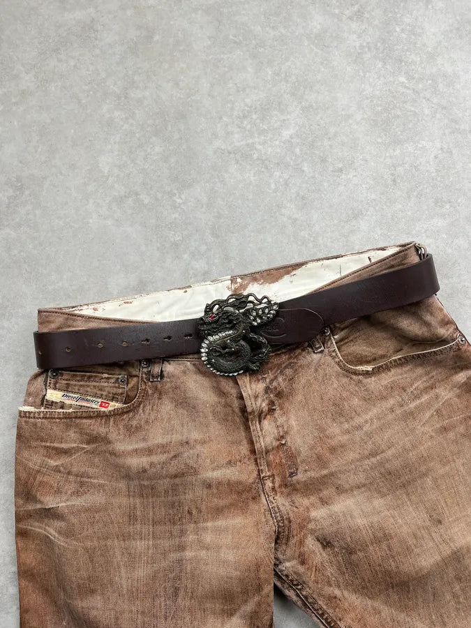 2010s Cavalli Studded Dragon Brown Leather Belt zSwfrLY 0