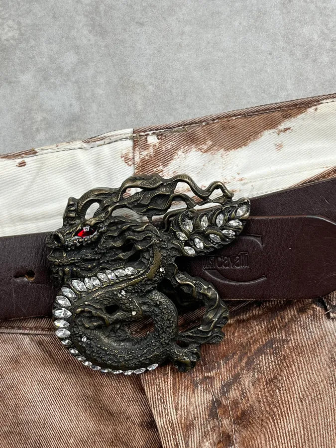 2010s Cavalli Studded Dragon Brown Leather Belt zSwfrLY 4