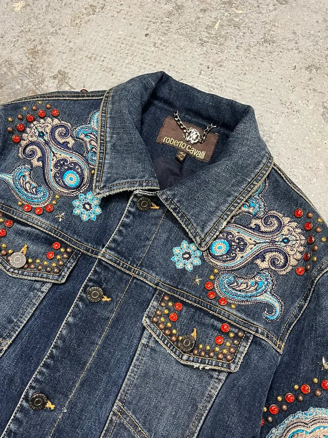Roberto Cavalli Studded Ornament Blue Denim Jacket LLuvoHP 4