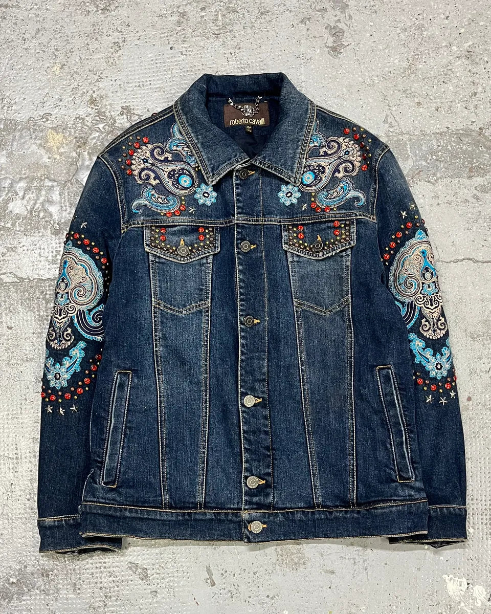 Roberto Cavalli Studded Ornament Blue Denim Jacket LLuvoHP 0