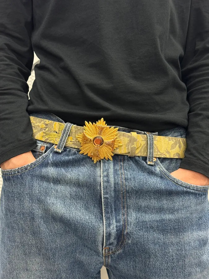Roberto Cavalli Sun Cross Buckle Yellow & Grey Leather Belt FTOGYcE 1