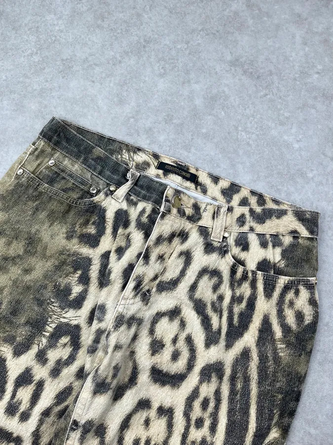 AW2001 Roberto Cavalli Tan Denim Leopard Destructured Pants dJmokZT 5