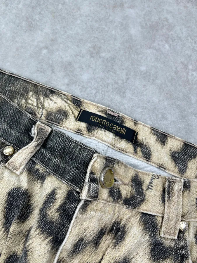 AW2001 Roberto Cavalli Tan Denim Leopard Destructured Pants dJmokZT 8