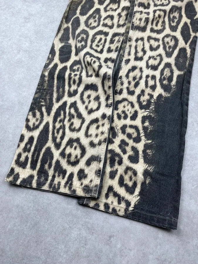 AW2001 Roberto Cavalli Tan Denim Leopard Destructured Pants dJmokZT 7