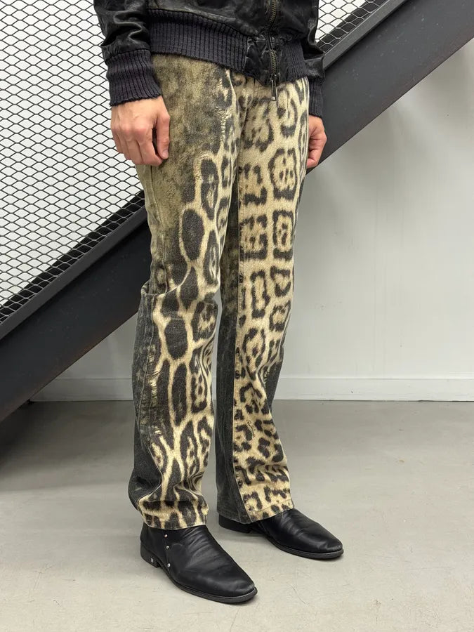 AW2001 Roberto Cavalli Tan Denim Leopard Destructured Pants dJmokZT 3