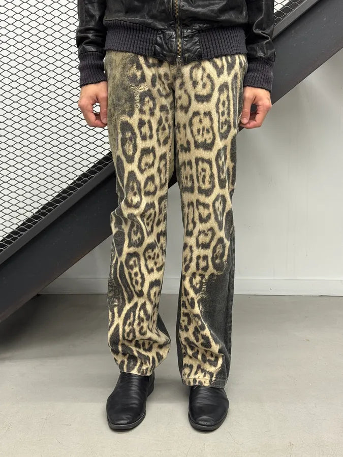 AW2001 Roberto Cavalli Tan Denim Leopard Destructured Pants dJmokZT 2