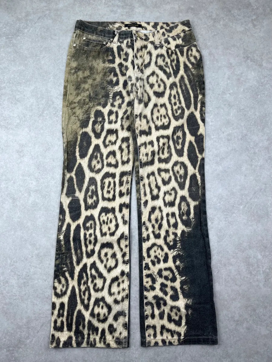 AW2001 Roberto Cavalli Tan Denim Leopard Destructured Pants dJmokZT 0