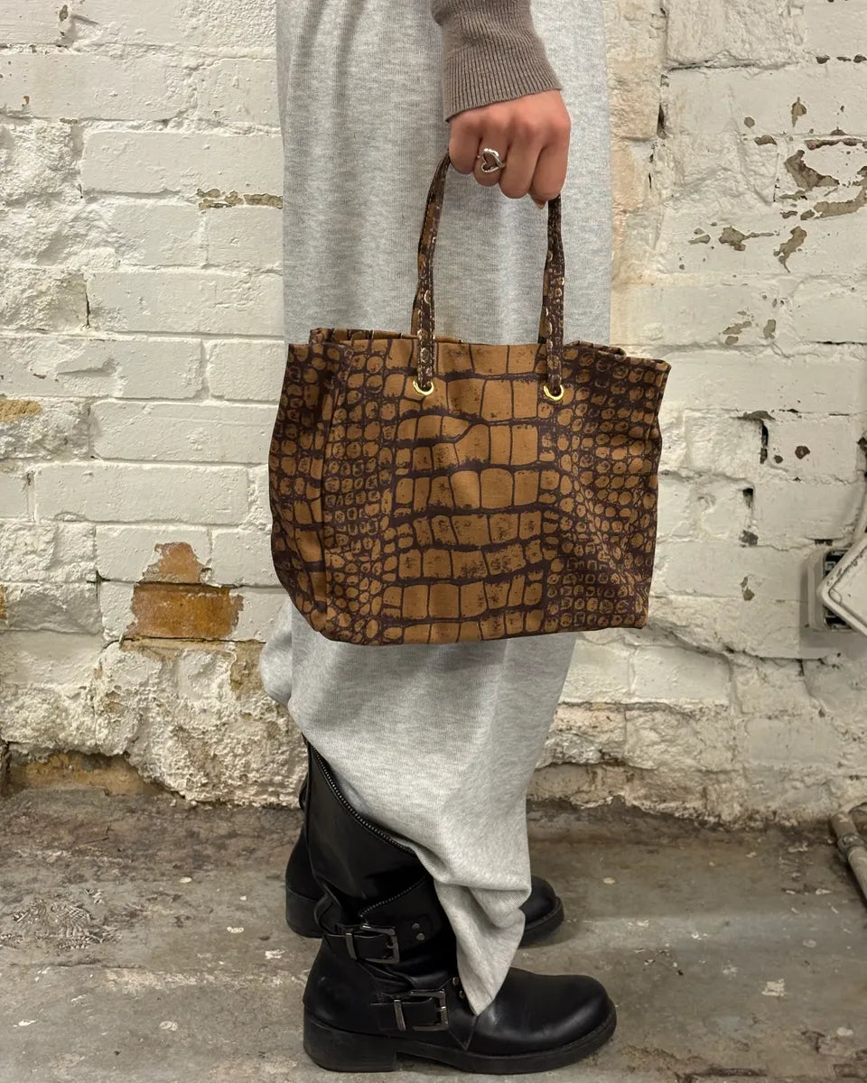 Roberto Cavalli Tan Jacquard Crocodile Print Handle Bag deHGGxE 1