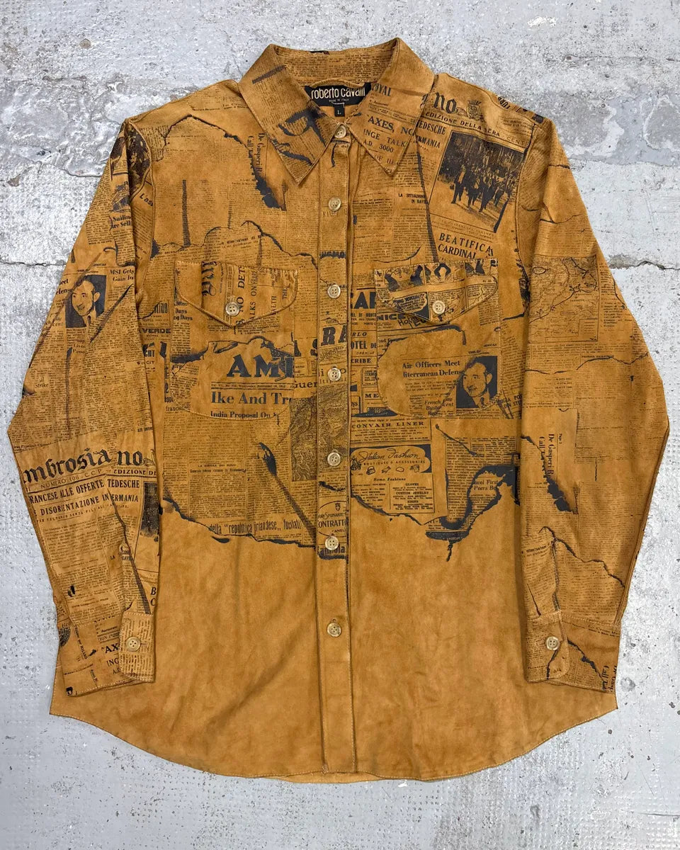 1990s Roberto Cavalli Tan Suede Newspaper Print Shirt XjaztuH 0
