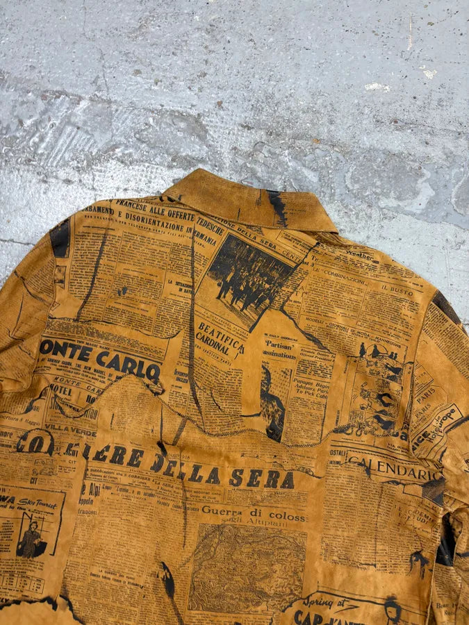 1990s Roberto Cavalli Tan Suede Newspaper Print Shirt XjaztuH 5