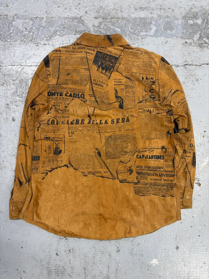 1990s Roberto Cavalli Tan Suede Newspaper Print Shirt XjaztuH 4