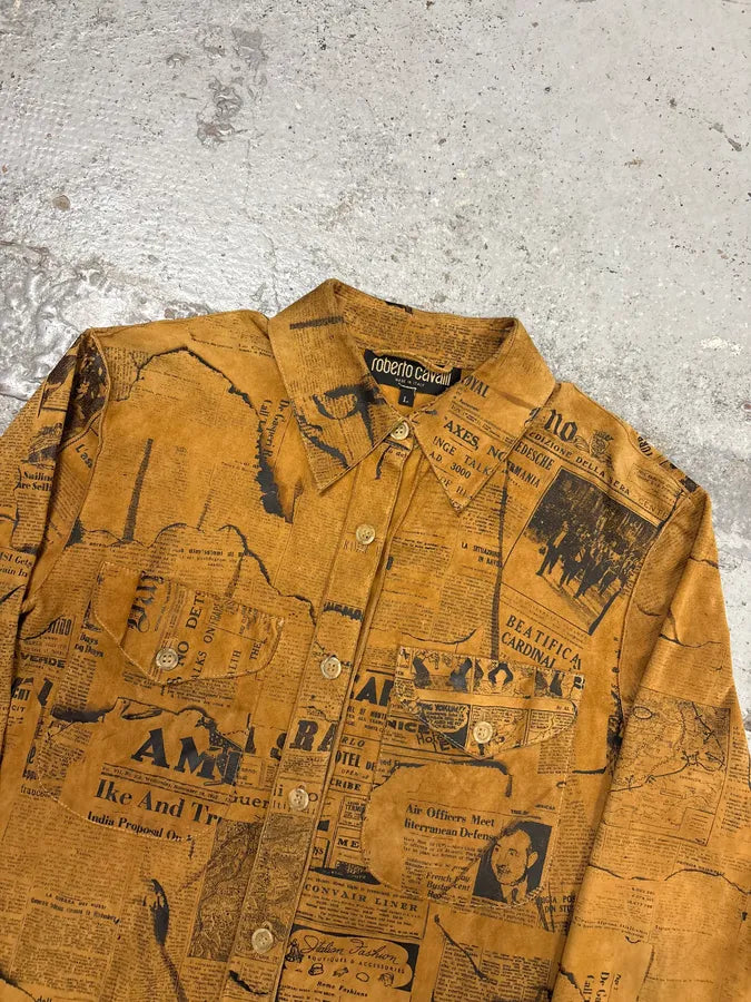 1990s Roberto Cavalli Tan Suede Newspaper Print Shirt XjaztuH 3