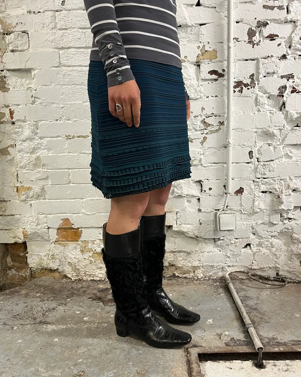 Roberto Cavalli Teal Wool Textured Blue Midi Skirt UlnIYDF 1