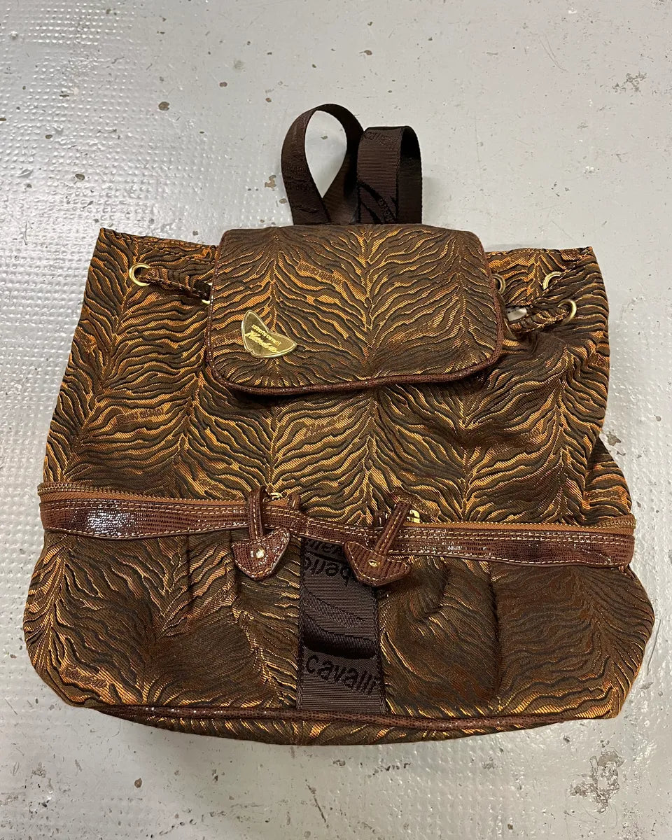 Roberto Cavalli Tiger Stripe Brown Jacquard Backpack BqKXikv 1