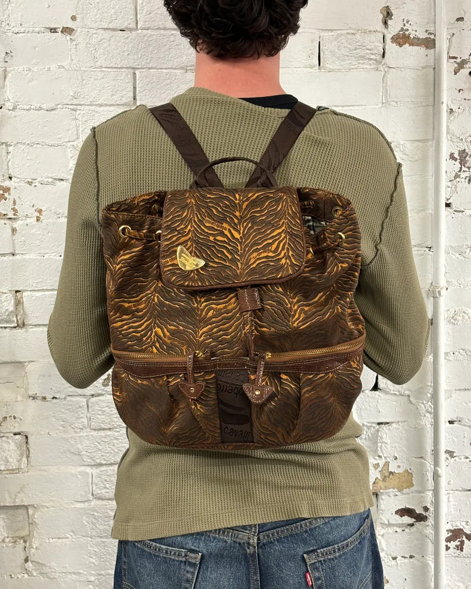 Roberto Cavalli Tiger Stripe Brown Jacquard Backpack BqKXikv 2