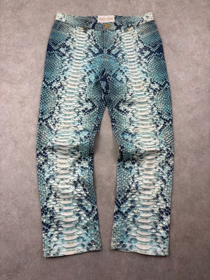 2000s Roberto Cavalli Turquoise Python Scales Pants aUMrYBV 0