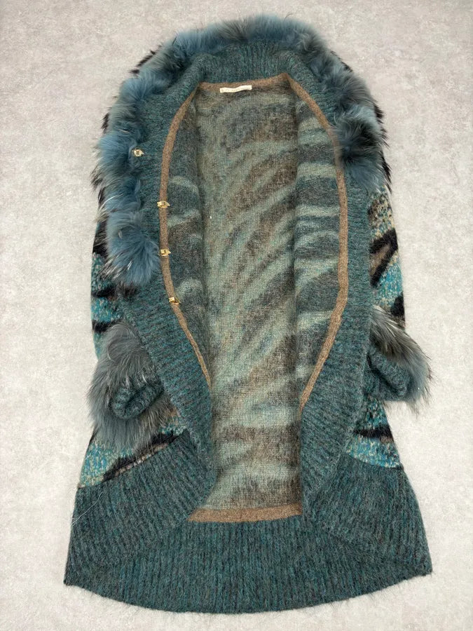 2000s Roberto Cavalli Turquoise Wool Abstract Savage Fur Coat IbdRxoP 7