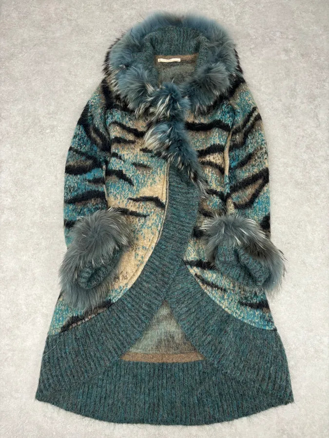 2000s Roberto Cavalli Turquoise Wool Abstract Savage Fur Coat IbdRxoP 0