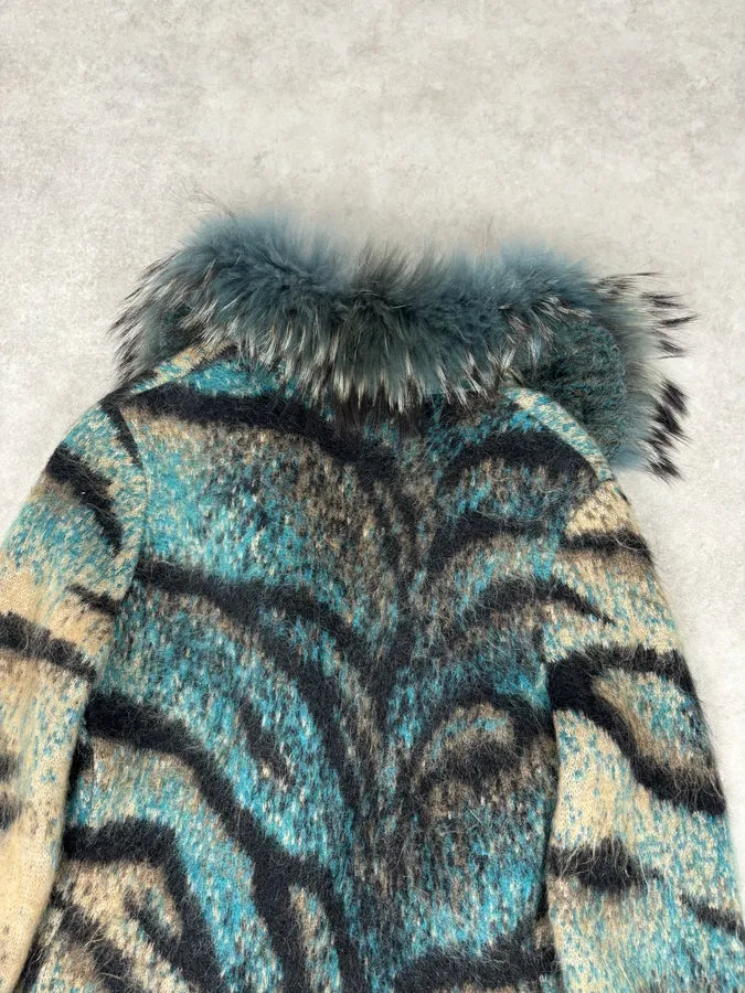 2000s Roberto Cavalli Turquoise Wool Abstract Savage Fur Coat IbdRxoP 5