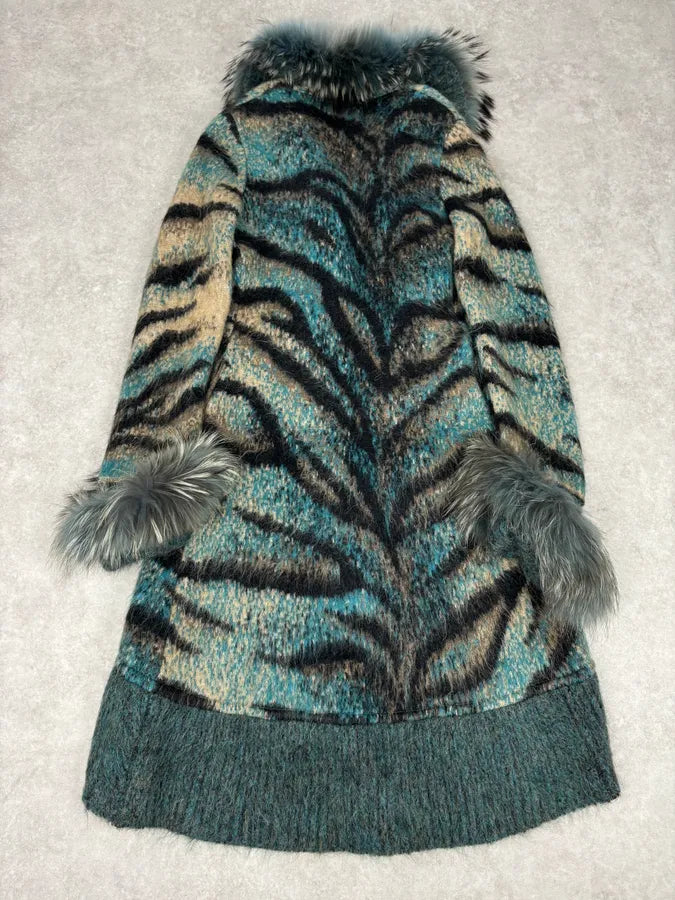 2000s Roberto Cavalli Turquoise Wool Abstract Savage Fur Coat IbdRxoP 4