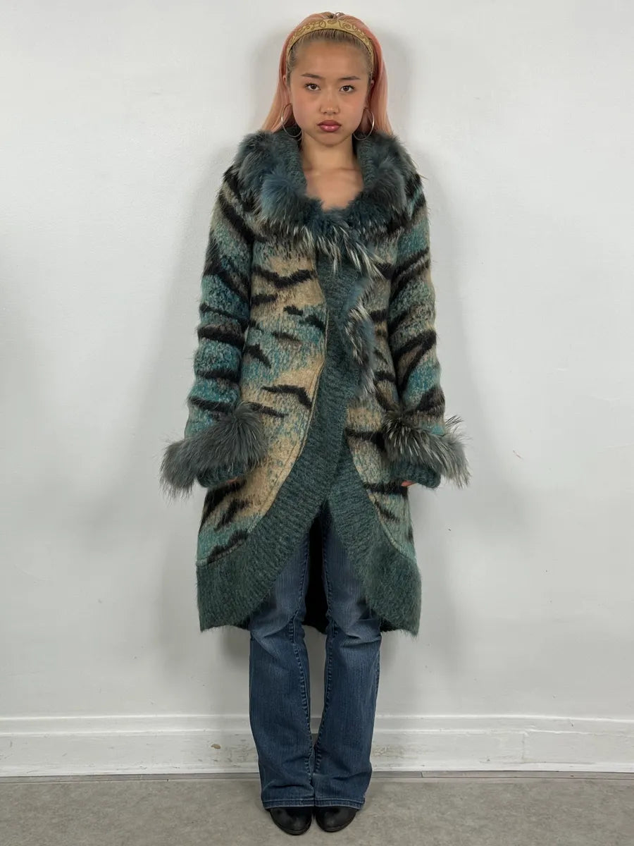 2000s Roberto Cavalli Turquoise Wool Abstract Savage Fur Coat IbdRxoP 1