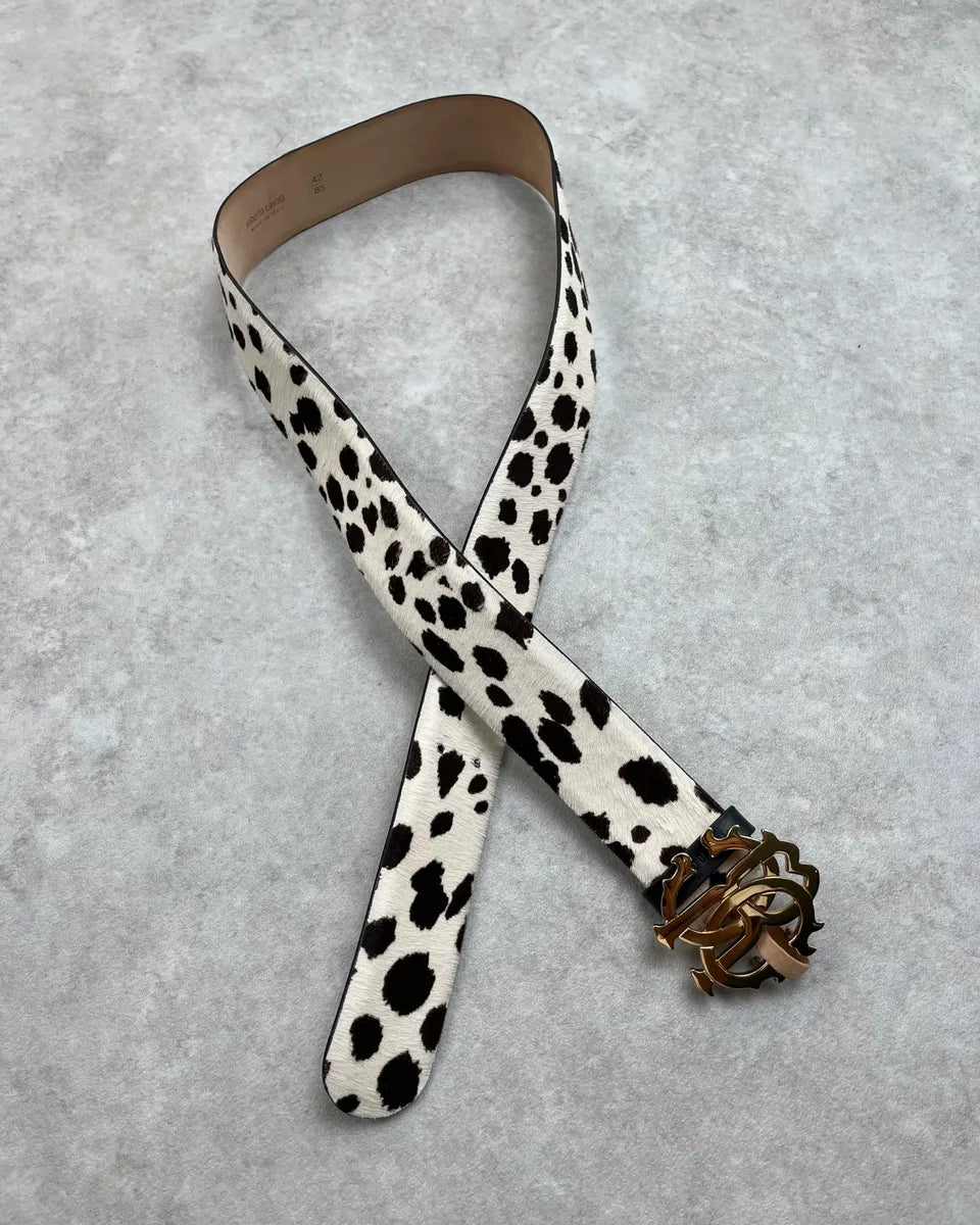 Roberto Cavalli White Pony Hair Cow Print Leather Belt oHDmxpr 0