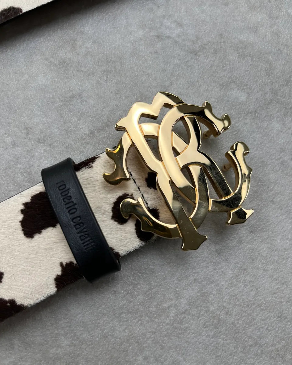 Roberto Cavalli White Pony Hair Cow Print Leather Belt oHDmxpr 4