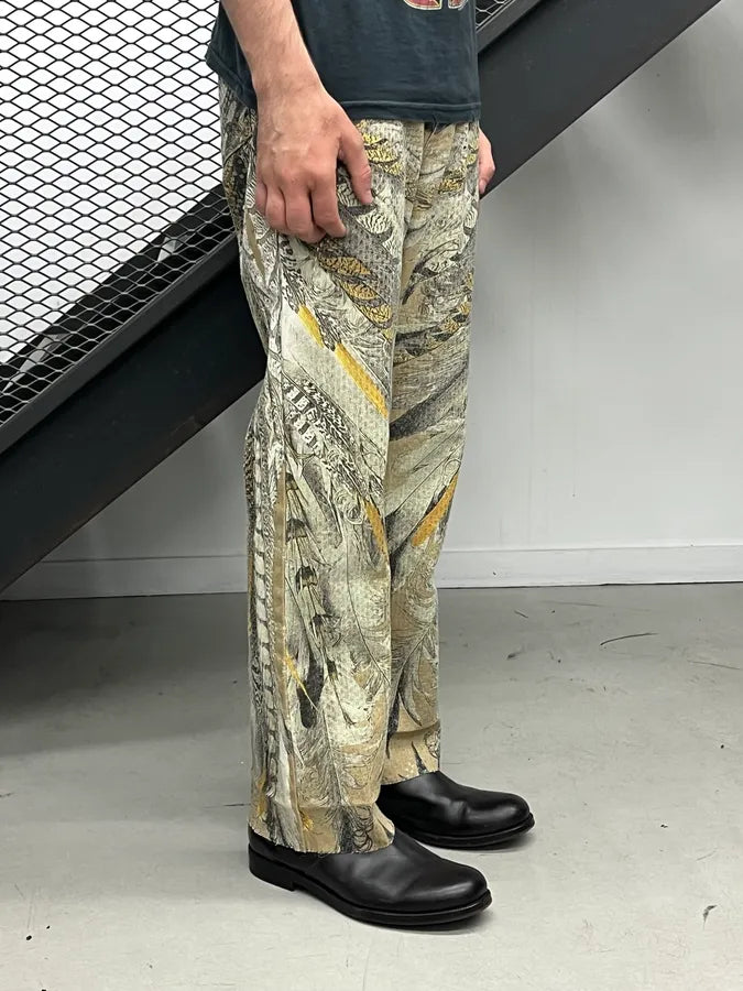 2000s Roberto Cavalli Yellow & Grey Feather Trompe LOeil Pants uoUOpoM 3