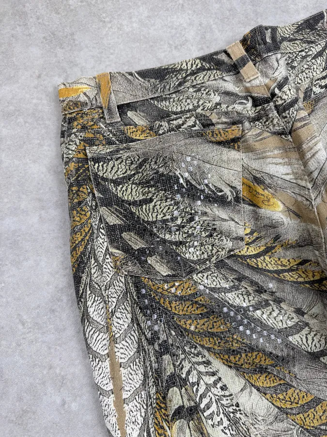 2000s Roberto Cavalli Yellow & Grey Feather Trompe LOeil Pants uoUOpoM 8