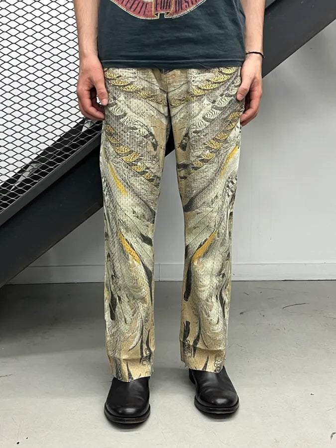 2000s Roberto Cavalli Yellow & Grey Feather Trompe LOeil Pants uoUOpoM 2