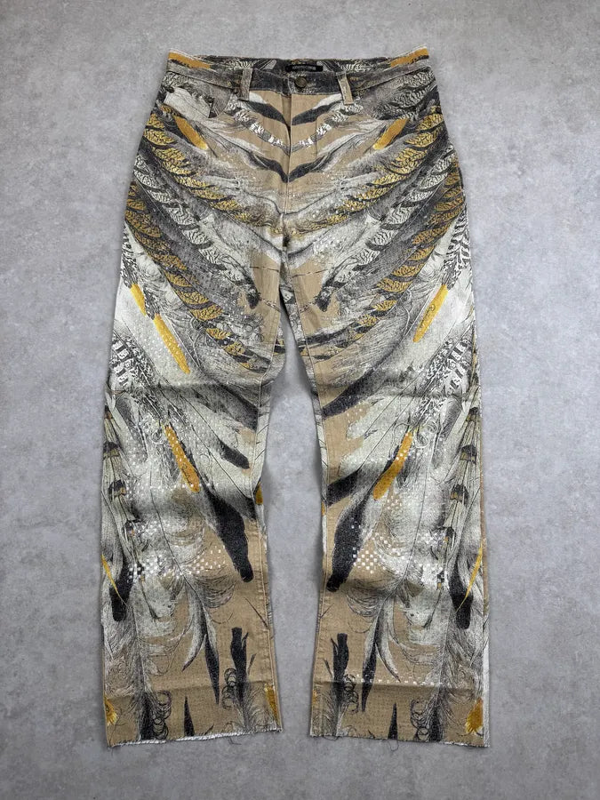 2000s Roberto Cavalli Yellow & Grey Feather Trompe LOeil Pants uoUOpoM 0