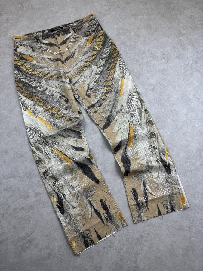 2000s Roberto Cavalli Yellow & Grey Feather Trompe LOeil Pants uoUOpoM 4