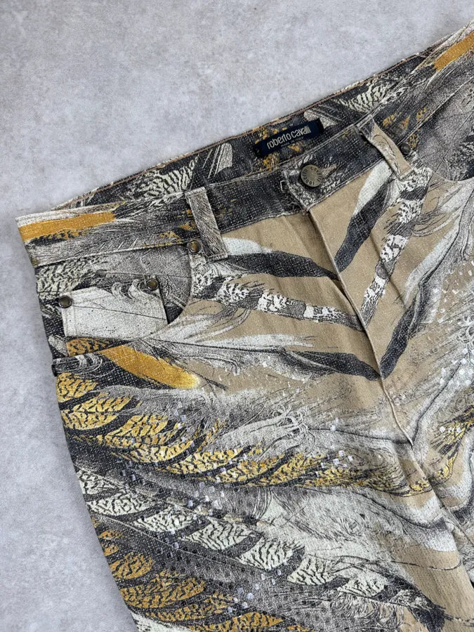 2000s Roberto Cavalli Yellow & Grey Feather Trompe LOeil Pants uoUOpoM 5