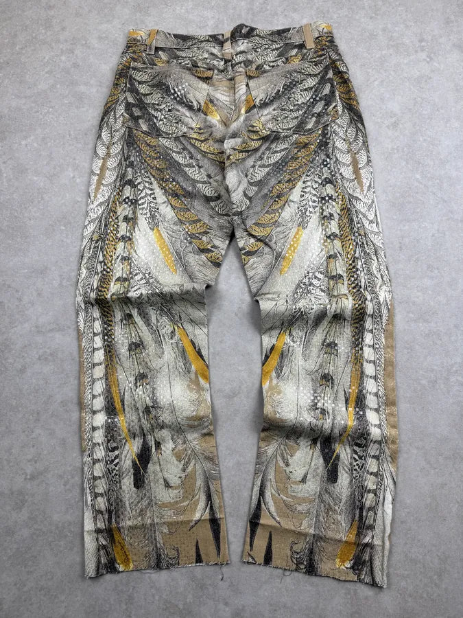 2000s Roberto Cavalli Yellow & Grey Feather Trompe LOeil Pants uoUOpoM 1