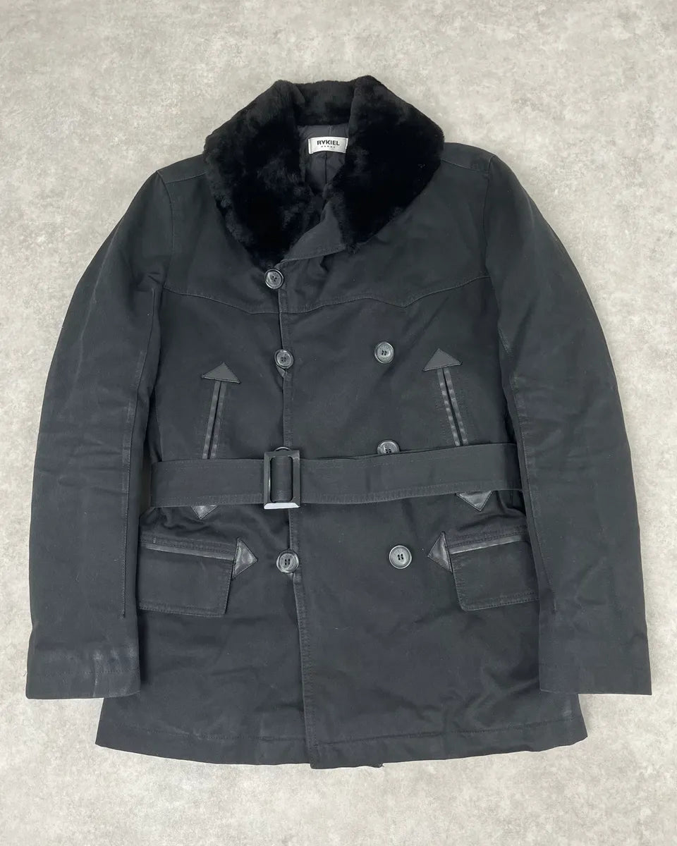 Rykiel Black Faux Fur Premium Belted Officer Jacket PSGutZF 0