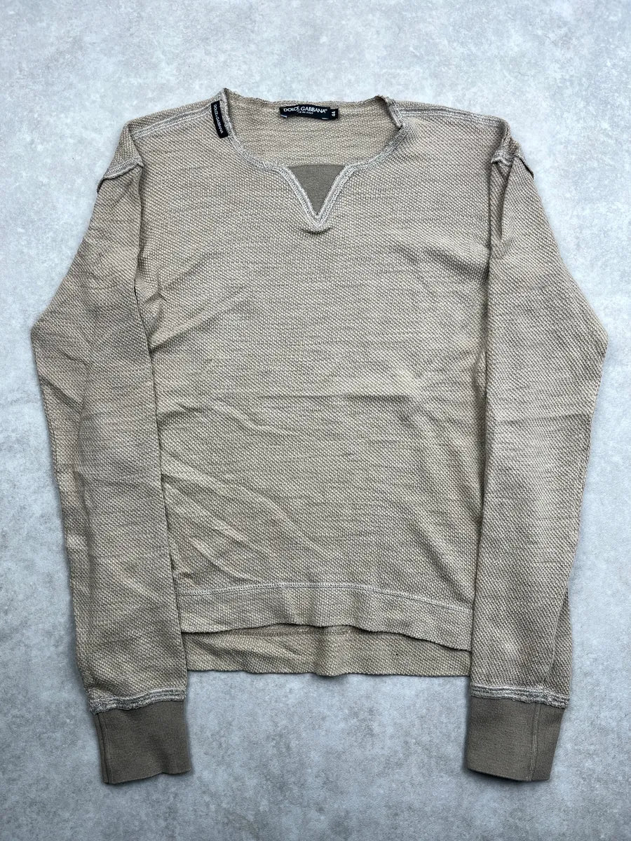2000s Dolce & Gabbana Beige Textured Notch Neck Sweater rztolHQo 2