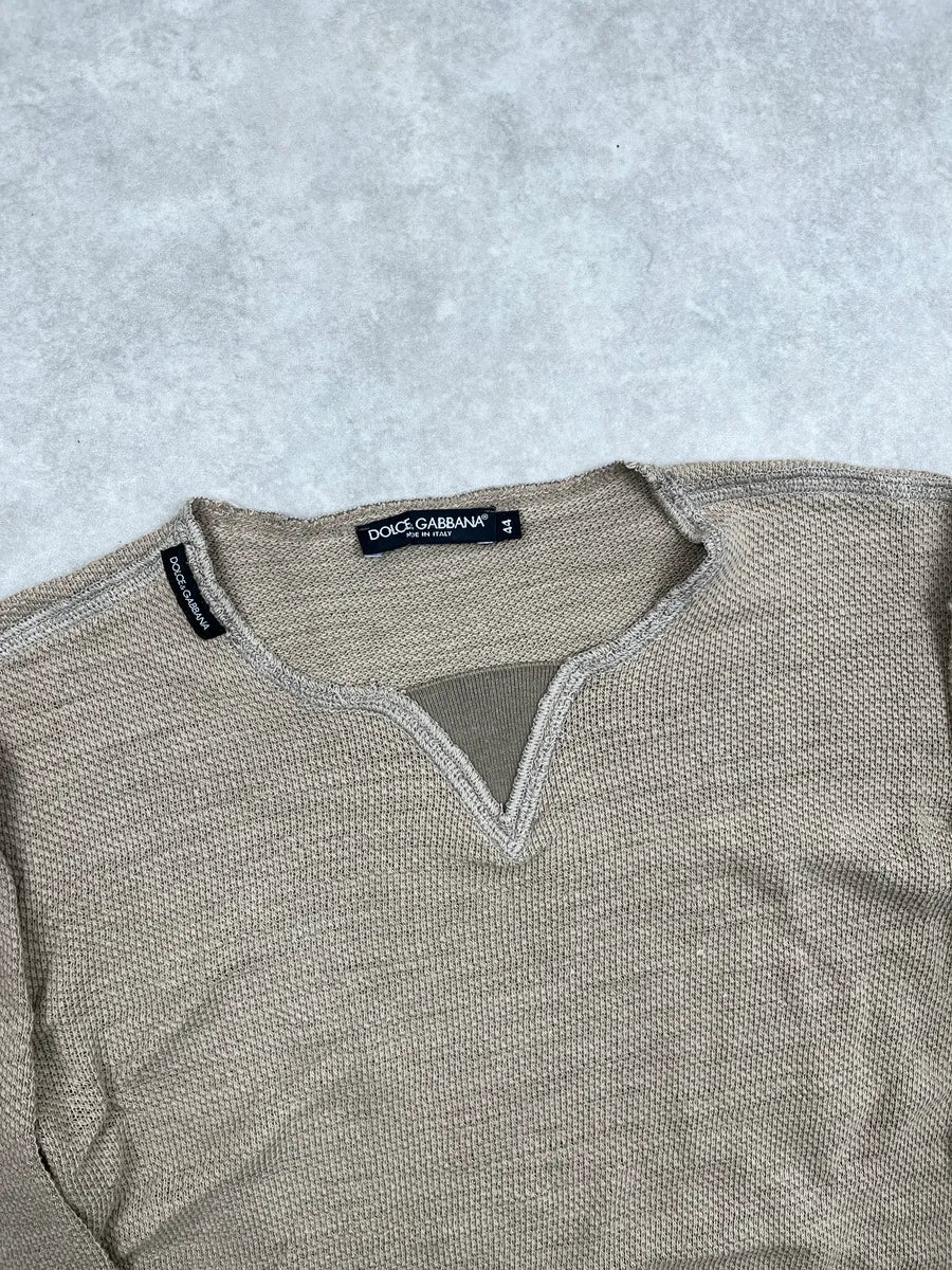 2000s Dolce & Gabbana Beige Textured Notch Neck Sweater rztolHQo 4