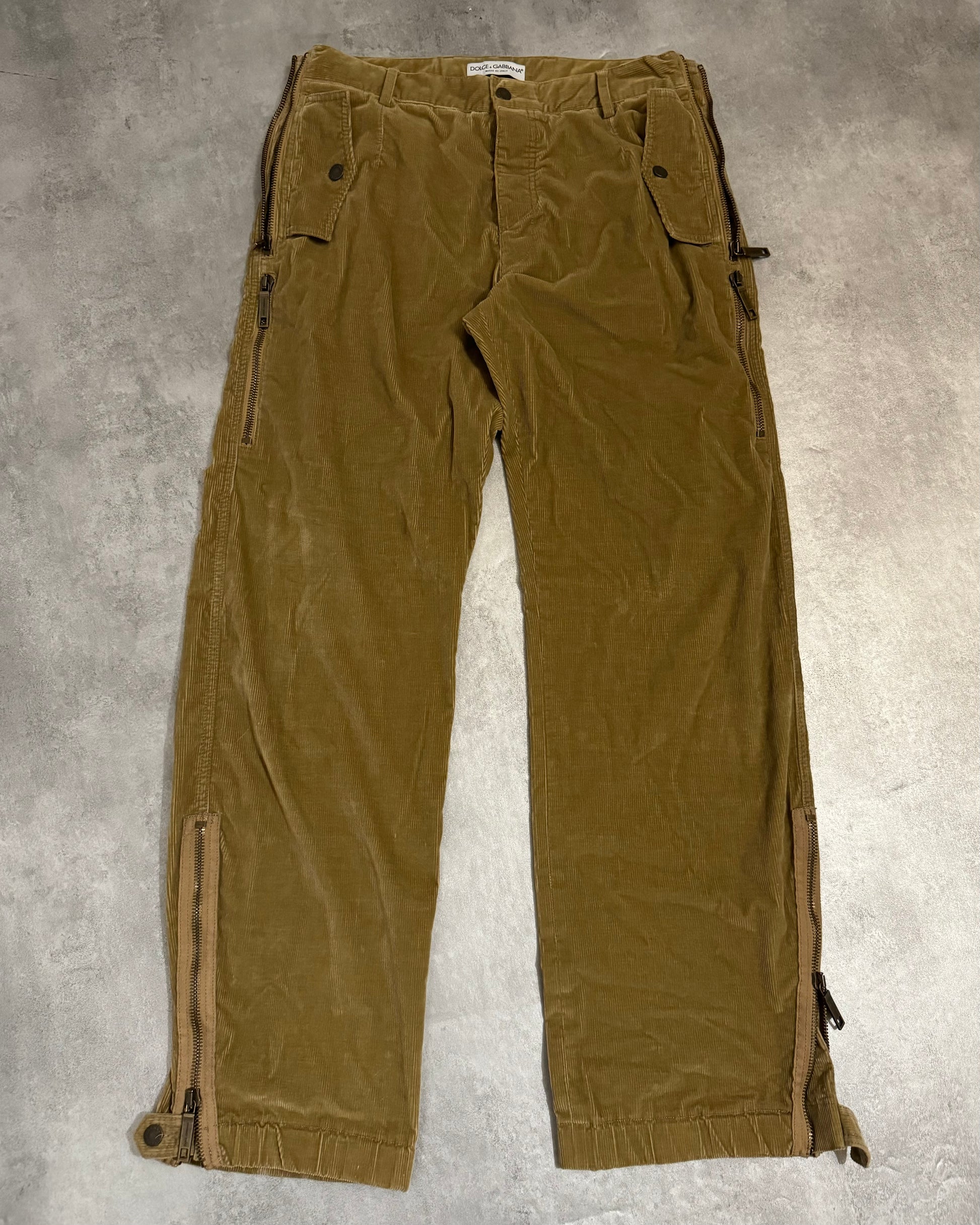 AW2002 Dolce & Gabbana Beige Velvet Multi Zips Pants (M/L) - 1