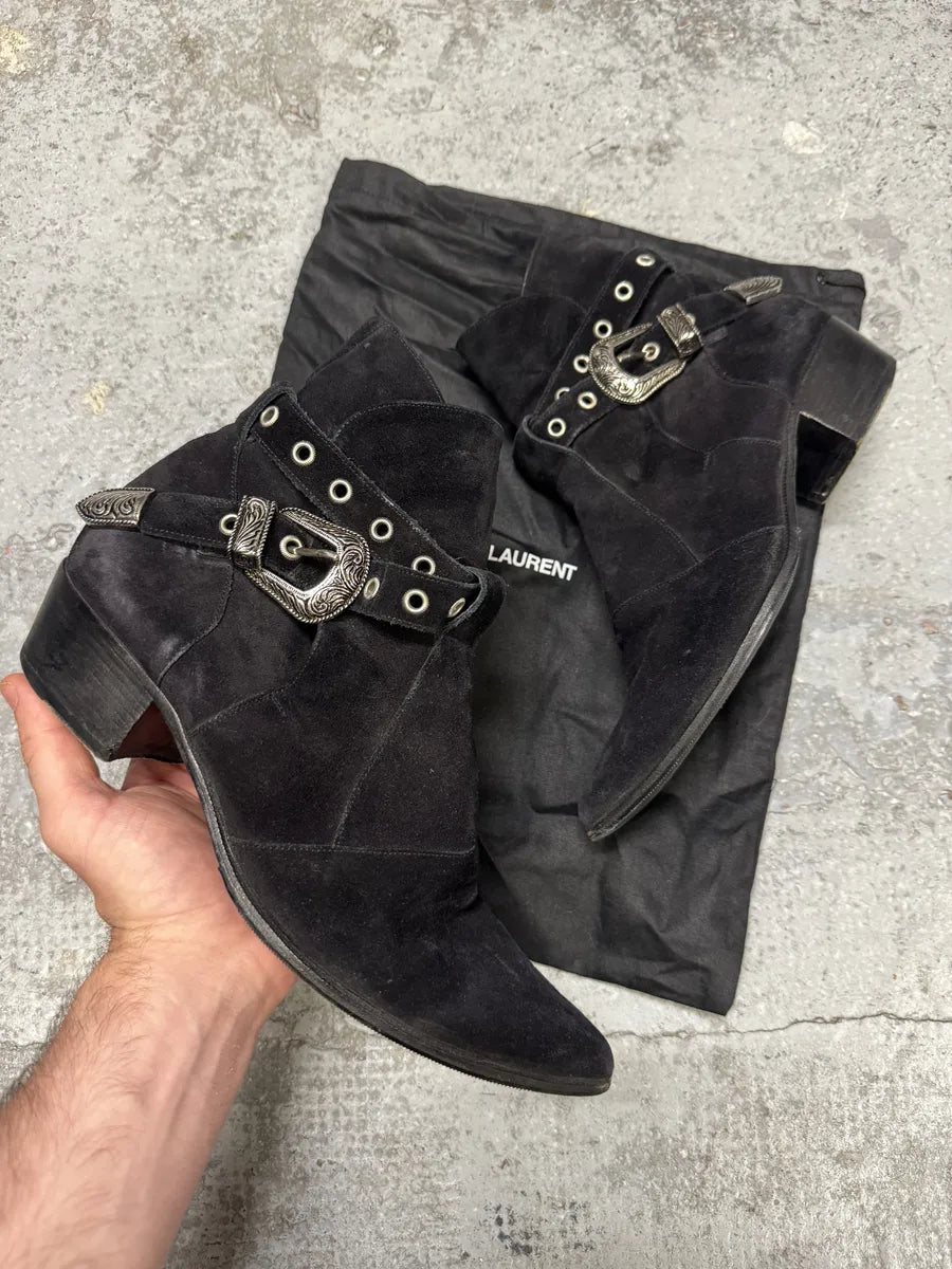 S2014 Saint Laurent Cowboy Buckle Black Suede Leather Boots ZsEPmSj 0