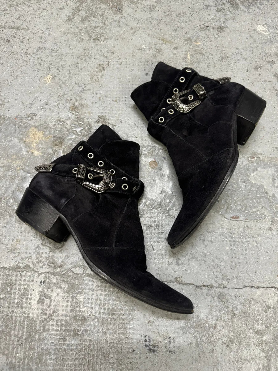 S2014 Saint Laurent Cowboy Buckle Black Suede Leather Boots ZsEPmSj 1