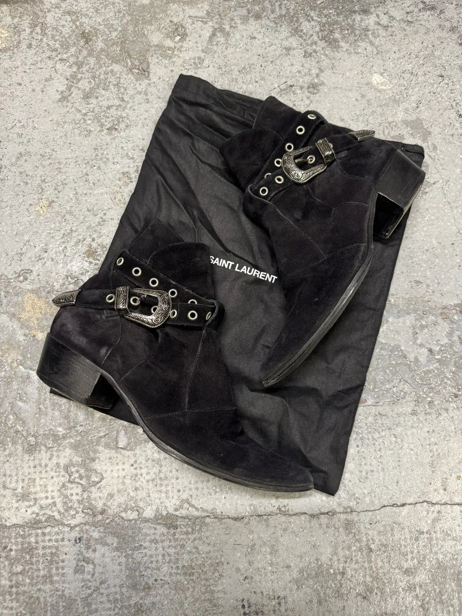 S2014 Saint Laurent Cowboy Buckle Black Suede Leather Boots ZsEPmSj 2