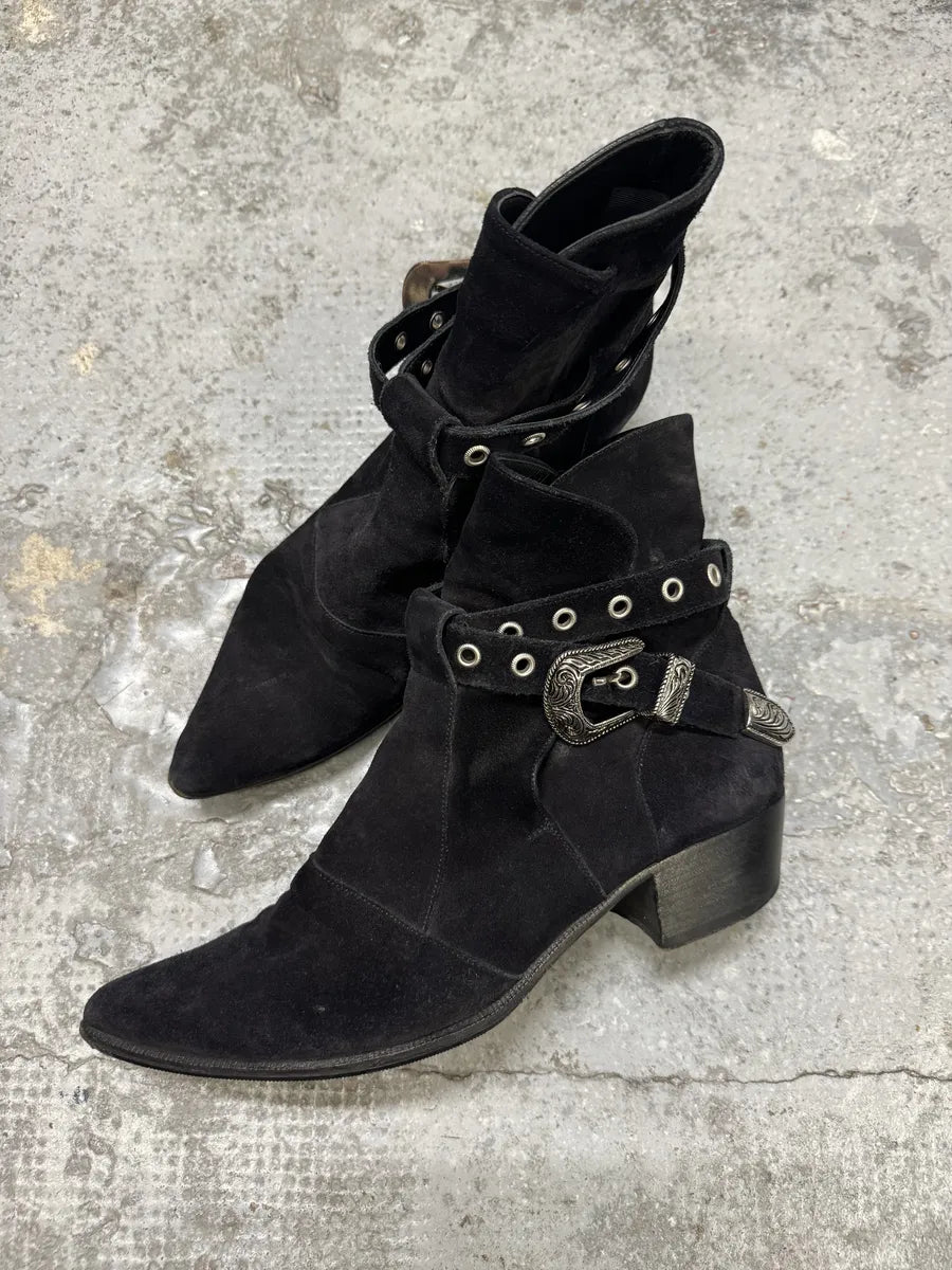 S2014 Saint Laurent Cowboy Buckle Black Suede Leather Boots ZsEPmSj 3