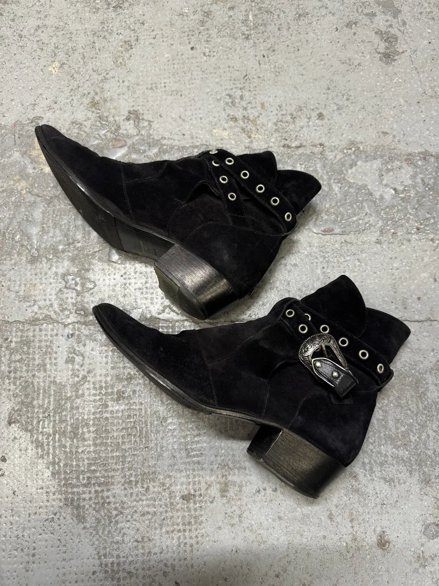 S2014 Saint Laurent Cowboy Buckle Black Suede Leather Boots ZsEPmSj 5