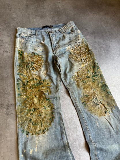 SS2006 Cavalli Painted Distressed Relaxed Royal Denim Jeans (S) - 7