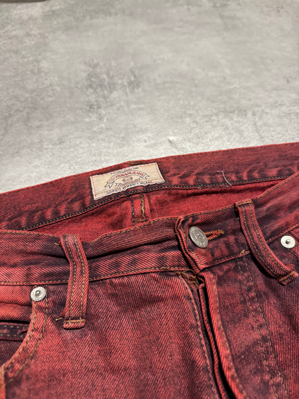 1990s Armani Red Faded Denim Patchwork Pants (L) - 5