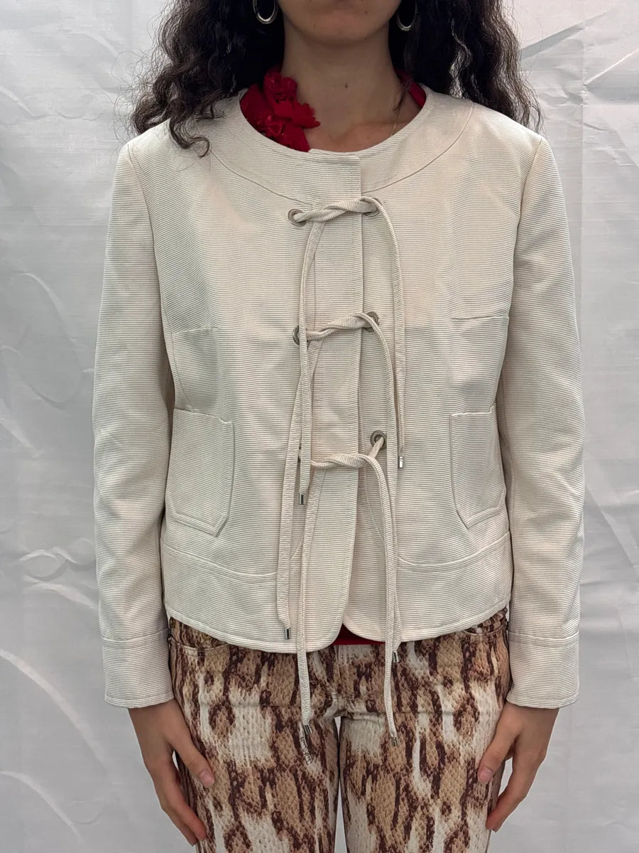 SS2009 Christian Dior Ivory Silk Lace-Up Ribbed Light Jacket sORhxvHR 1