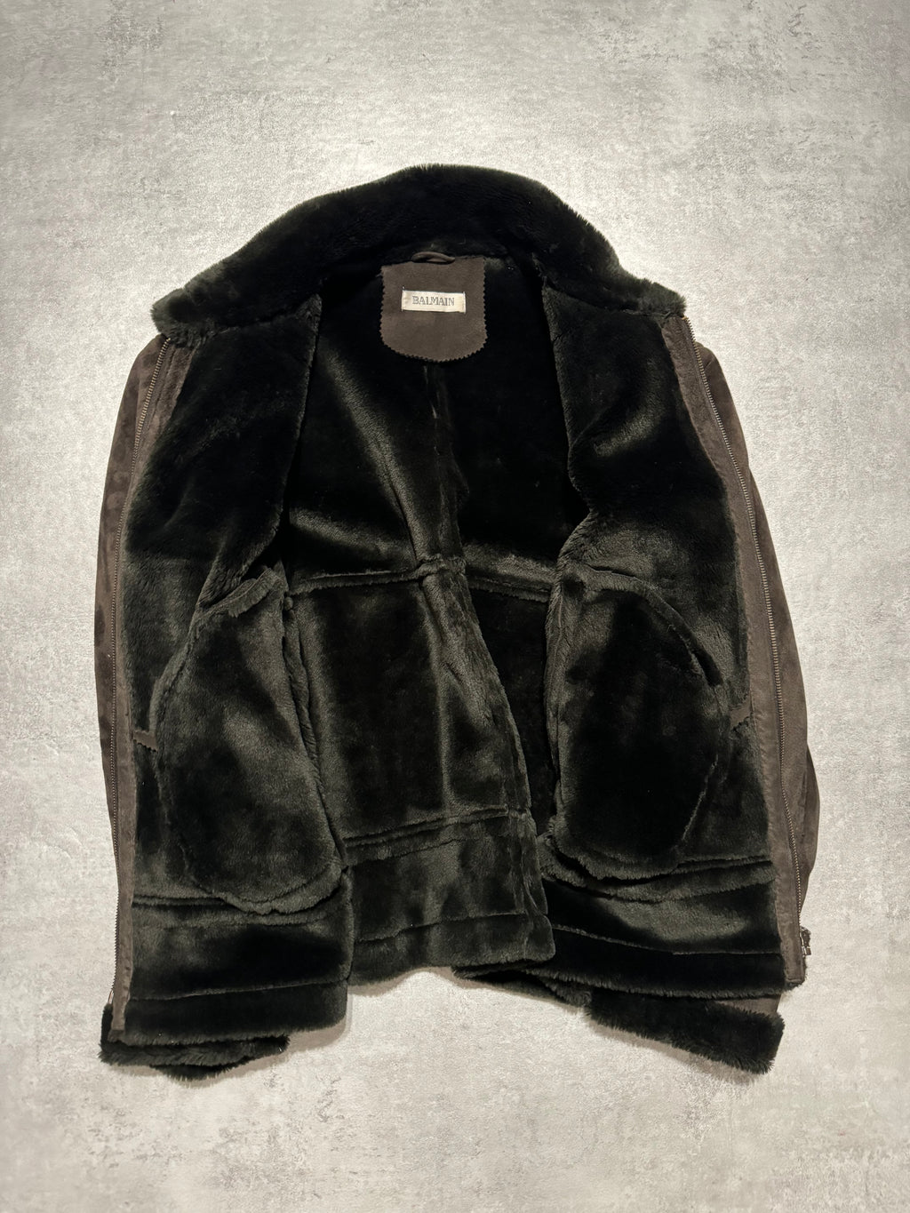 2000s Balmain Brown Faux Fur Shearling Aviator Jacket (L) - 3